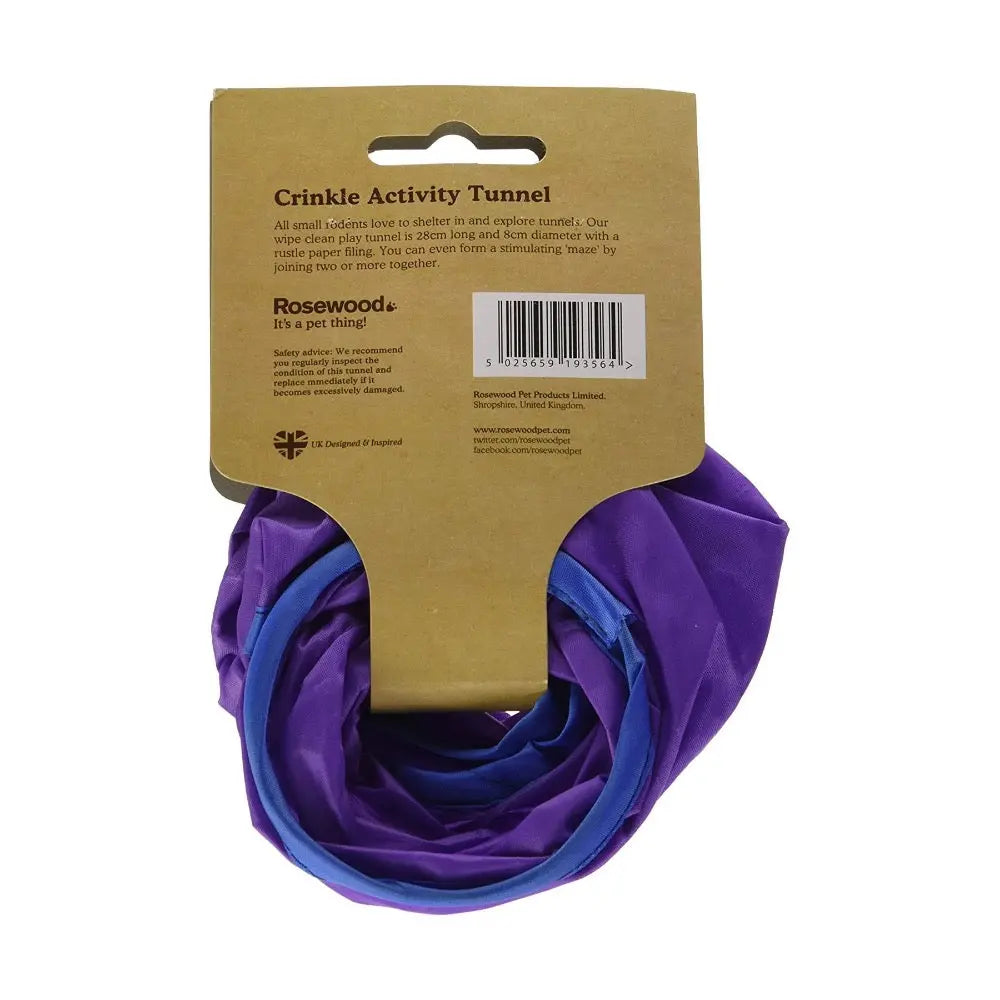 Crinkle activity tunnel for small pets, featuring vibrant colors and a compact design for exploration and play.