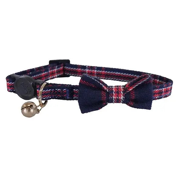 Plaid cat collar with bow tie and bell, perfect for stylish feline companions.