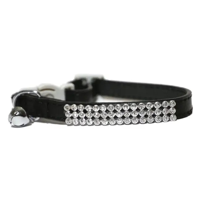 Black pet collar adorned with sparkling rhinestones and a silver bell.