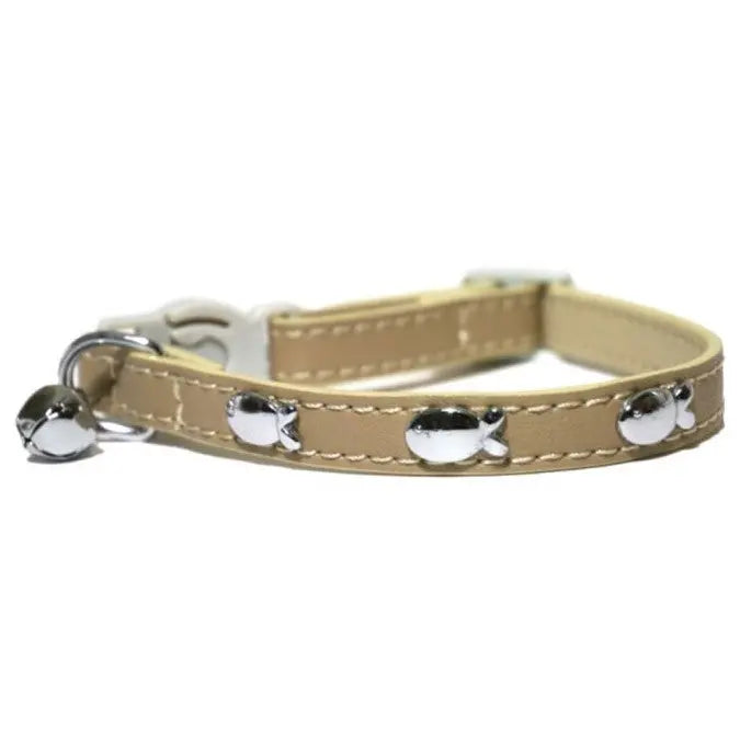 Stylish beige pet collar with silver fish charms and a secure clasp for added flair.