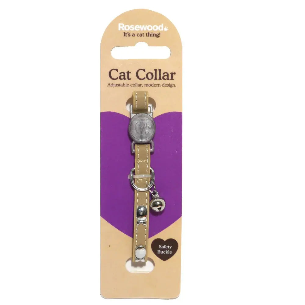 Adjustable cat collar with safety buckle and bell, featuring a modern design.