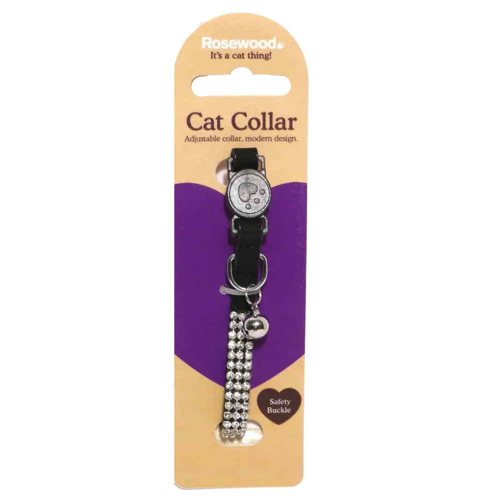 Adjustable cat collar with modern design, safety buckle, and decorative rhinestones.