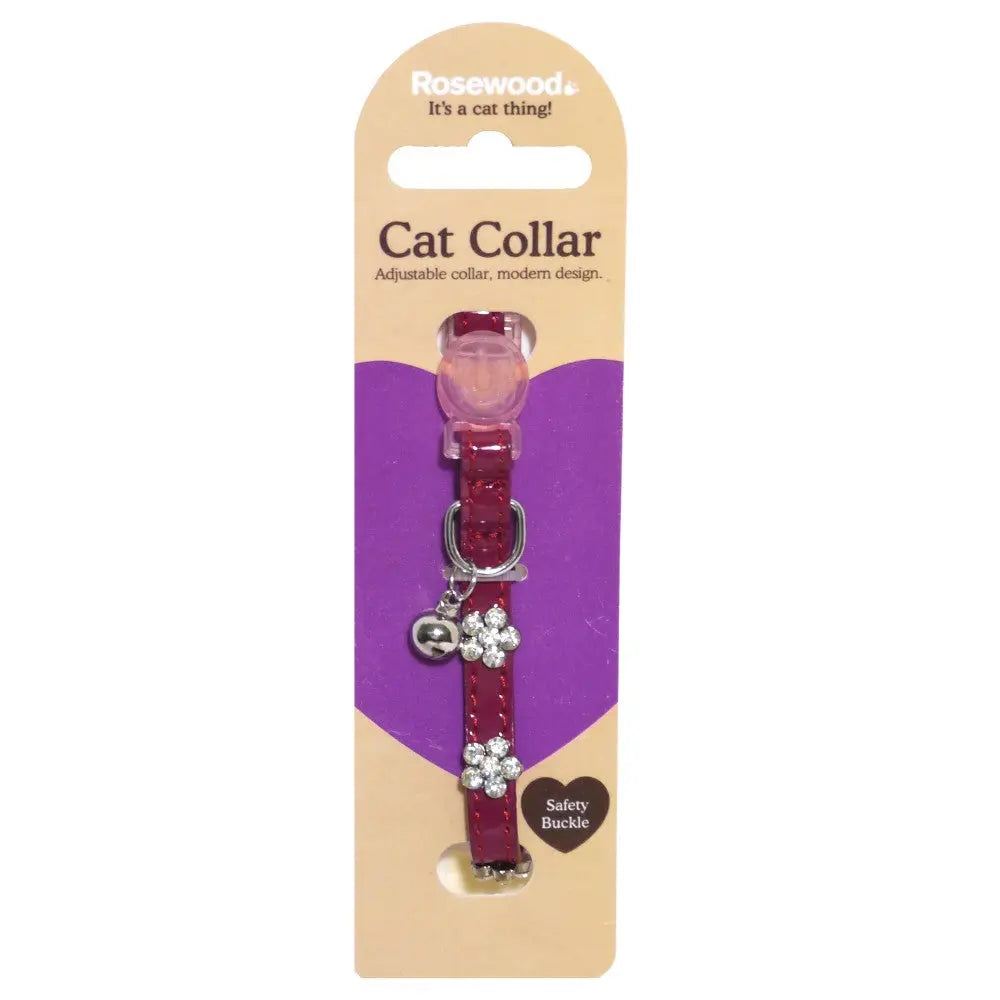 Adjustable cat collar with modern design, safety buckle, and decorative flowers.