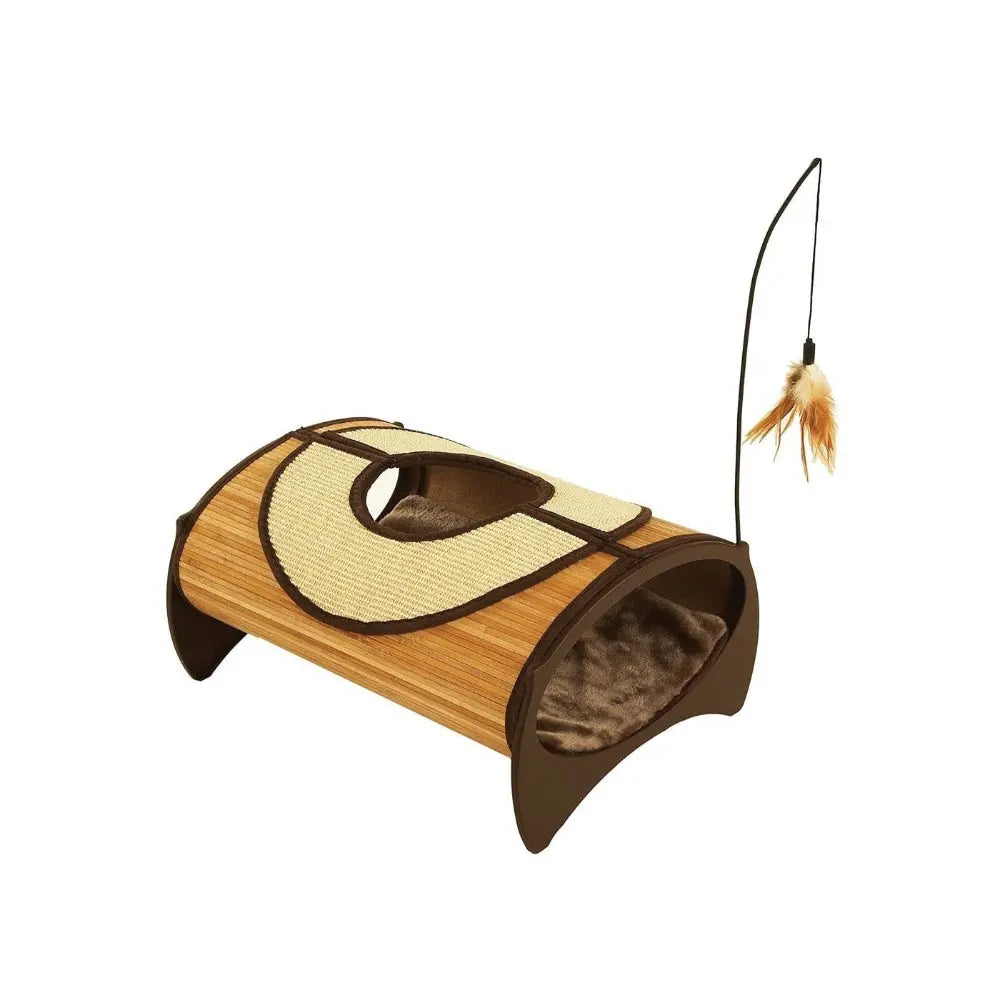 Cat scratching post with cozy hideaway and feather toy for playful feline fun.