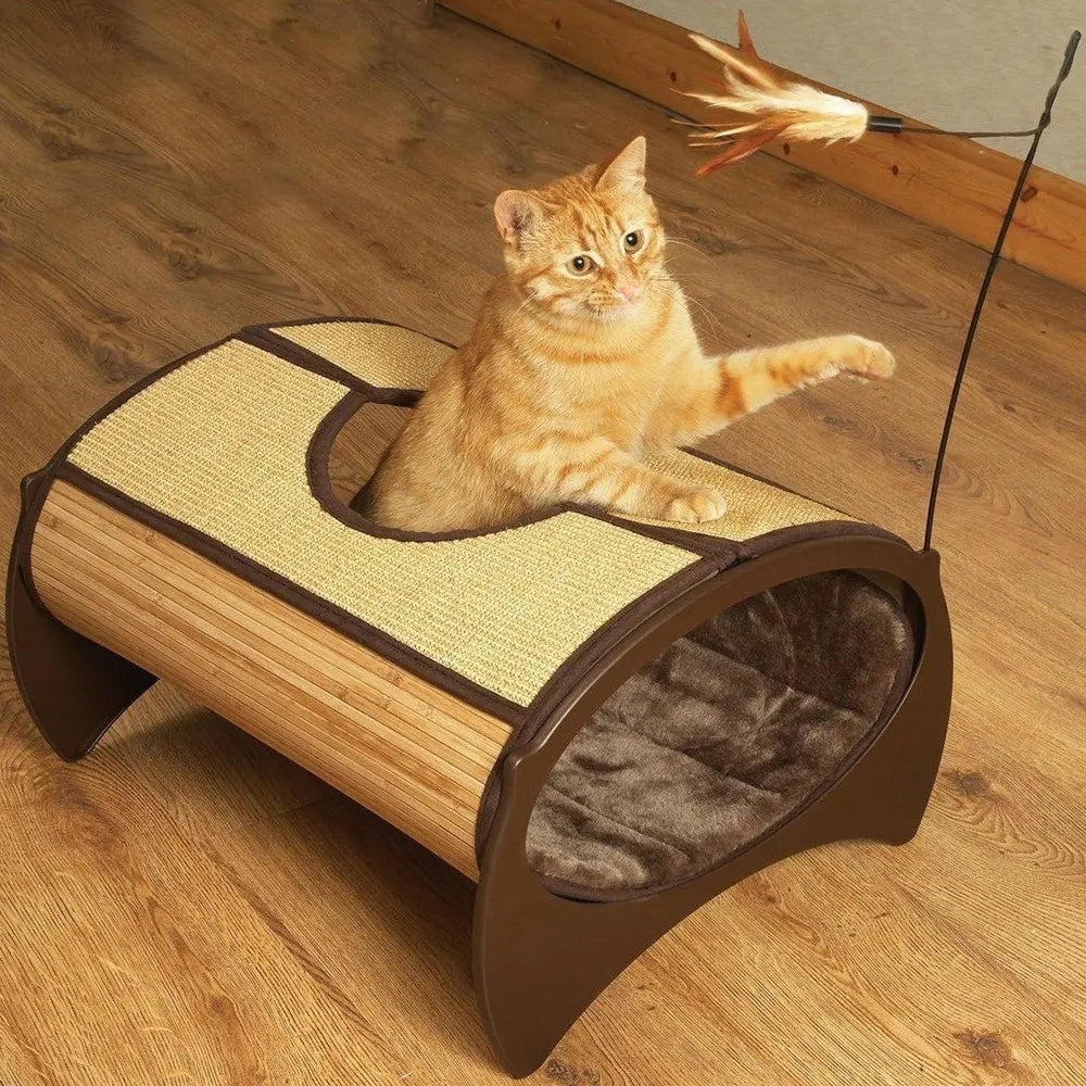 Cat scratching post with cozy hideaway and interactive feather toy for playful feline fun.