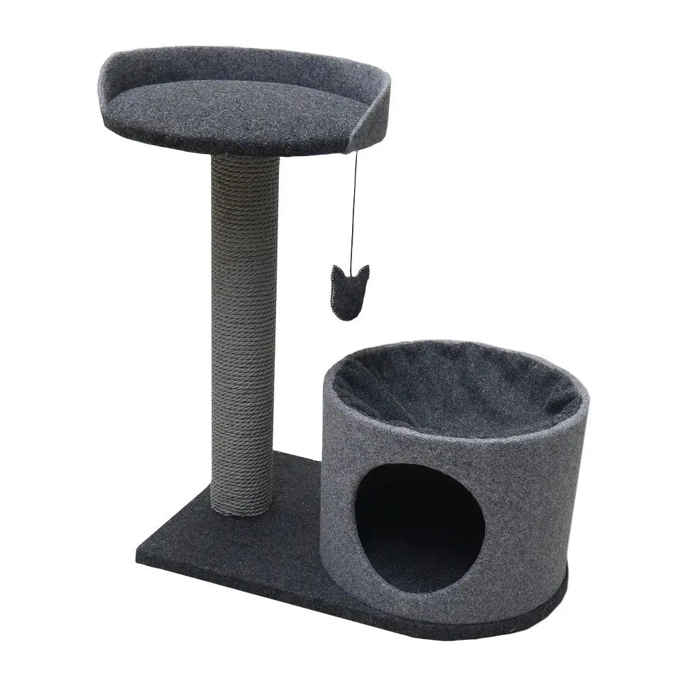 Cat tree with scratching post, cozy hideaway, and elevated perch for playful feline fun.