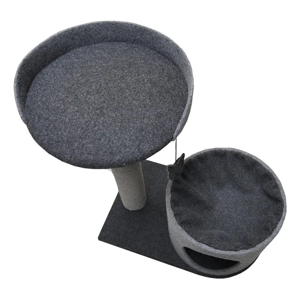 Gray cat tree with a round platform and cozy hideaway for playful and resting cats.