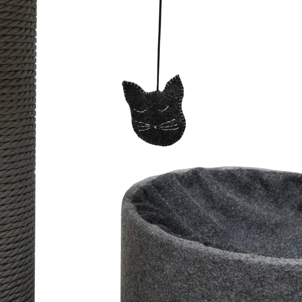 Cat tree with a cozy felt bed and playful hanging cat toy for feline fun and relaxation.