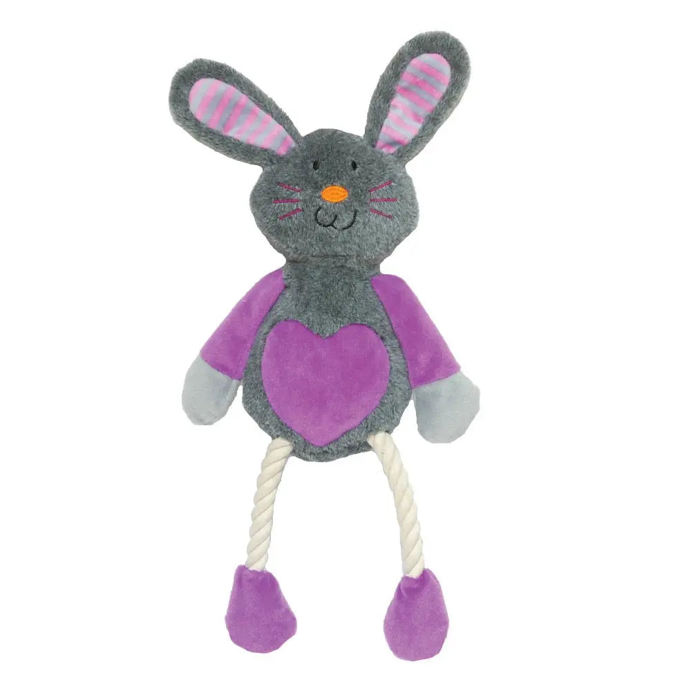 Plush bunny toy with rope legs, perfect for playful pets and cuddly companionship.