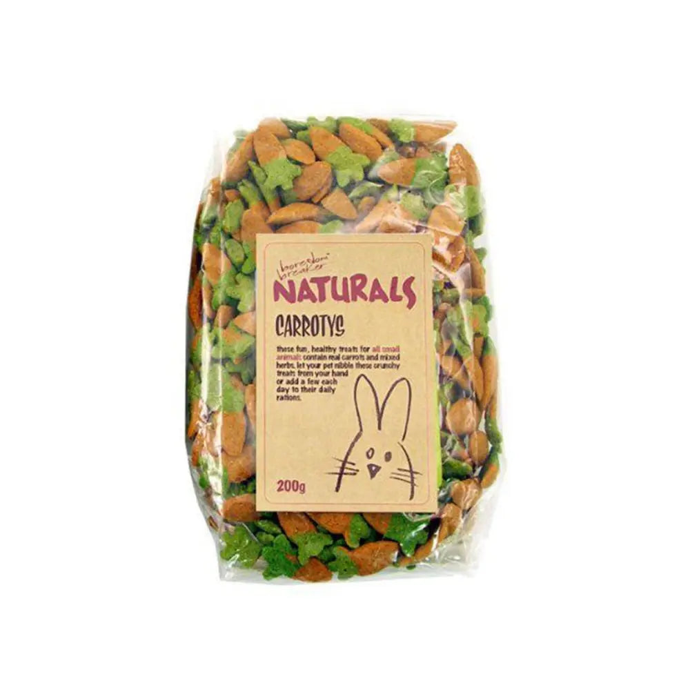 Natural carrot treats for small pets, packed with healthy ingredients in a 200g bag.