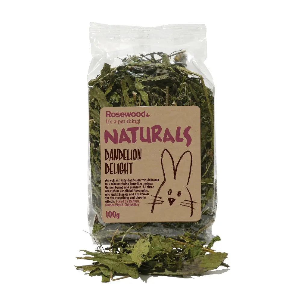 Dandelion Delight pet herb mix in a clear bag, perfect for small animal treats and snacks.