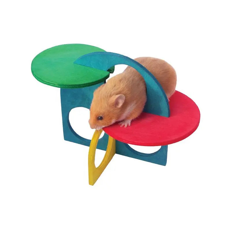 Colorful hamster toy for exercise and play, featuring a balance platform and vibrant design.