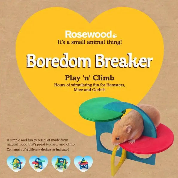 Hamster playing with Rosewood Boredom Breaker toy for stimulating fun and climbing activities.