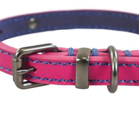 Pink dog collar with blue stitching and metal buckle for stylish pet accessories.