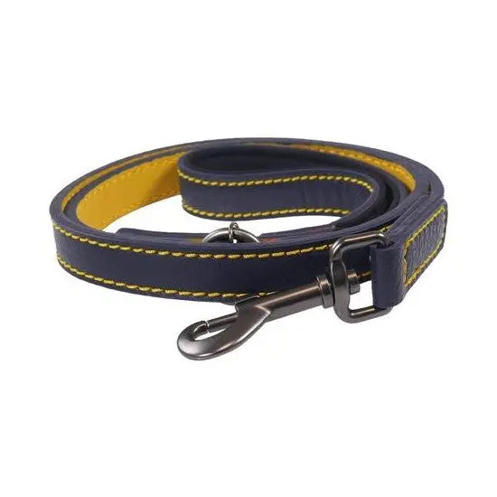 Durable leather dog leash in navy and yellow with sturdy metal clip for secure walks.