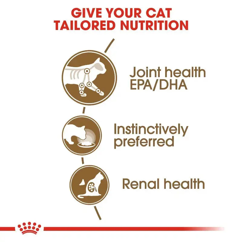 Infographic highlighting tailored nutrition benefits for cats: joint health, renal health, and preference.