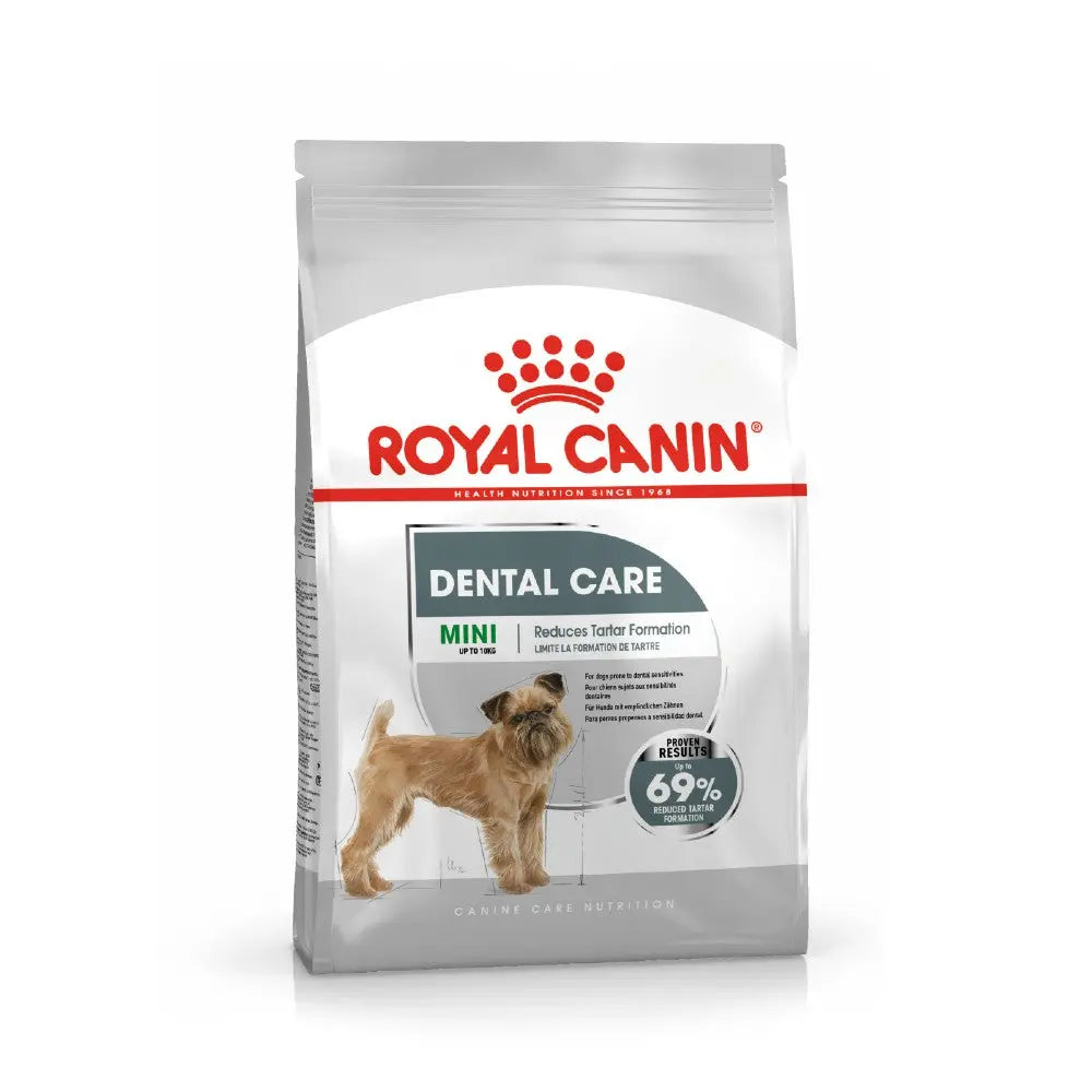 Royal Canin Dental Care Mini dog food bag for reducing tartar formation and promoting oral health.