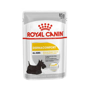 Royal Canin Dermacomfort dog food pouch for sensitive skin, 85g, with allergen-reduced formula.