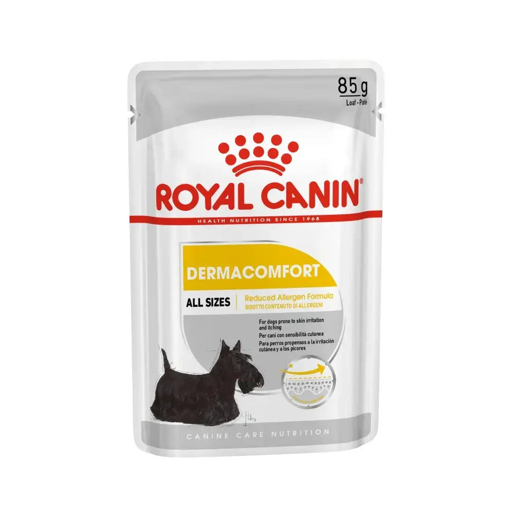 Royal Canin Dermacomfort dog food pouch for sensitive skin, 85g, with allergen-reduced formula.