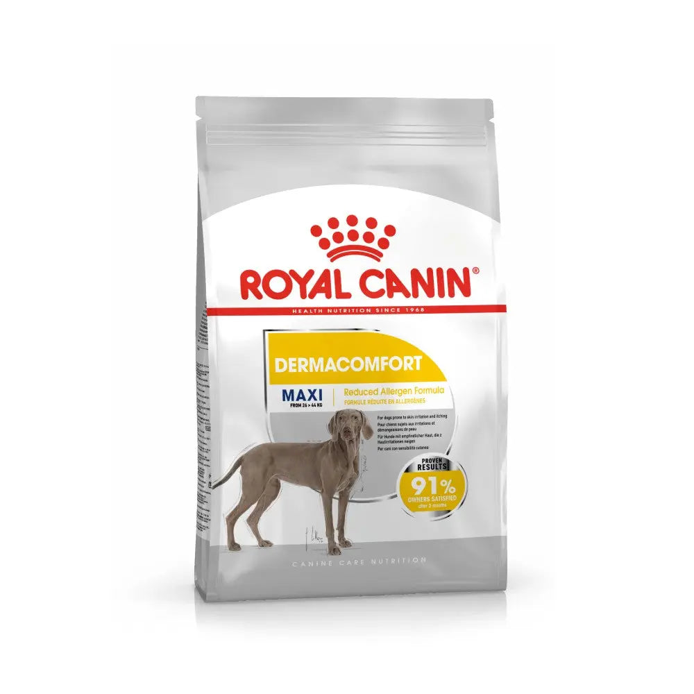 Royal Canin Dermacomfort Maxi dog food bag for reduced allergens and healthy nutrition.