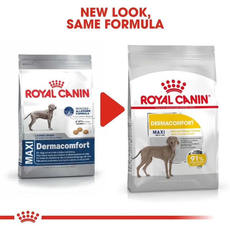 Royal Canin Dermacomfort dog food packaging showcasing new design and allergen-reduced formula for large dogs.