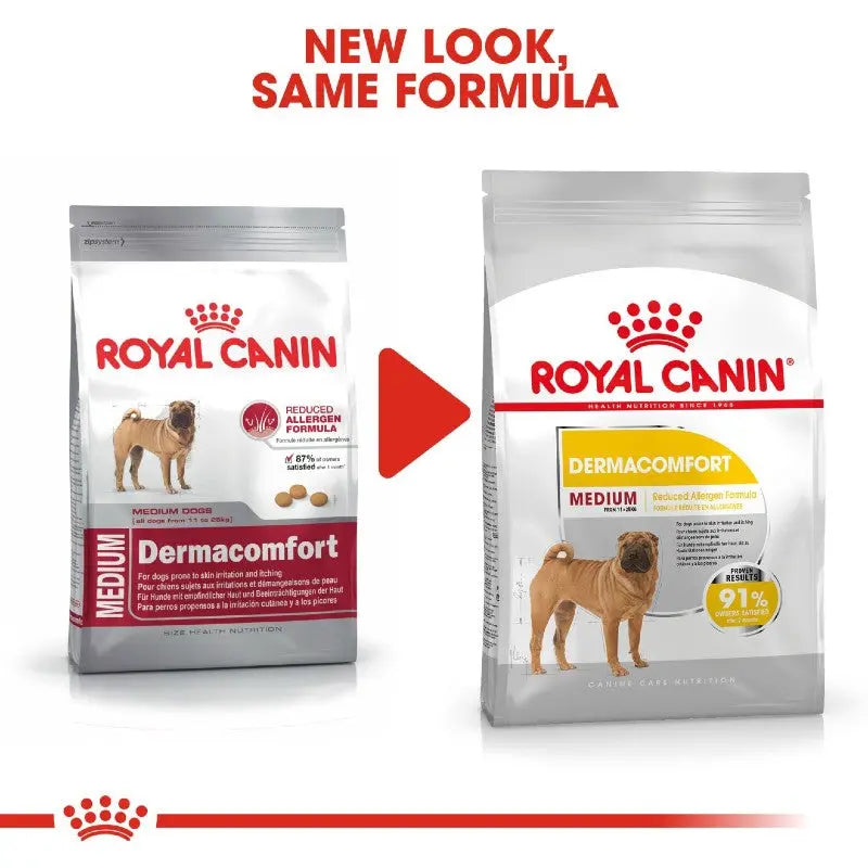 Royal Canin Dermacomfort dog food packaging showcasing new design and formula for medium breeds.