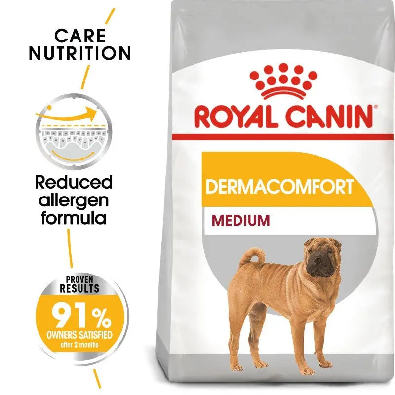 Royal Canin Dermacomfort dog food bag with allergen-reducing formula for medium breeds.