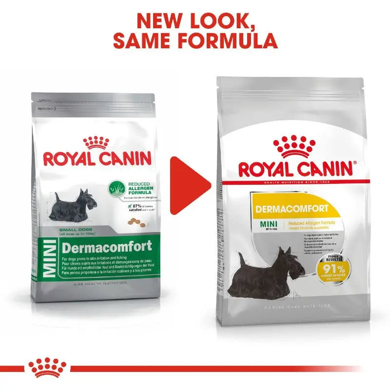 Royal Canin Dermacomfort Mini cat food packaging showcasing new design and allergen formula.