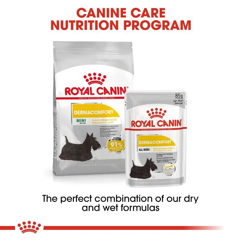 Royal Canin Dermacomfort dog food, featuring dry and wet formulas for optimal canine nutrition.