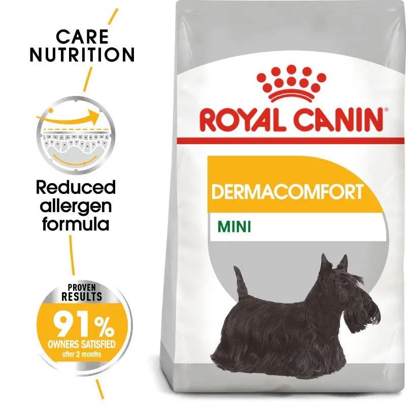 Royal Canin Dermacomfort Mini dog food bag with allergen-reducing formula and satisfaction guarantee.