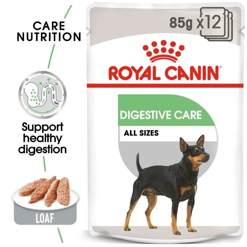 Royal Canin Digestive Care dog food packaging, promoting healthy digestion for all sizes.