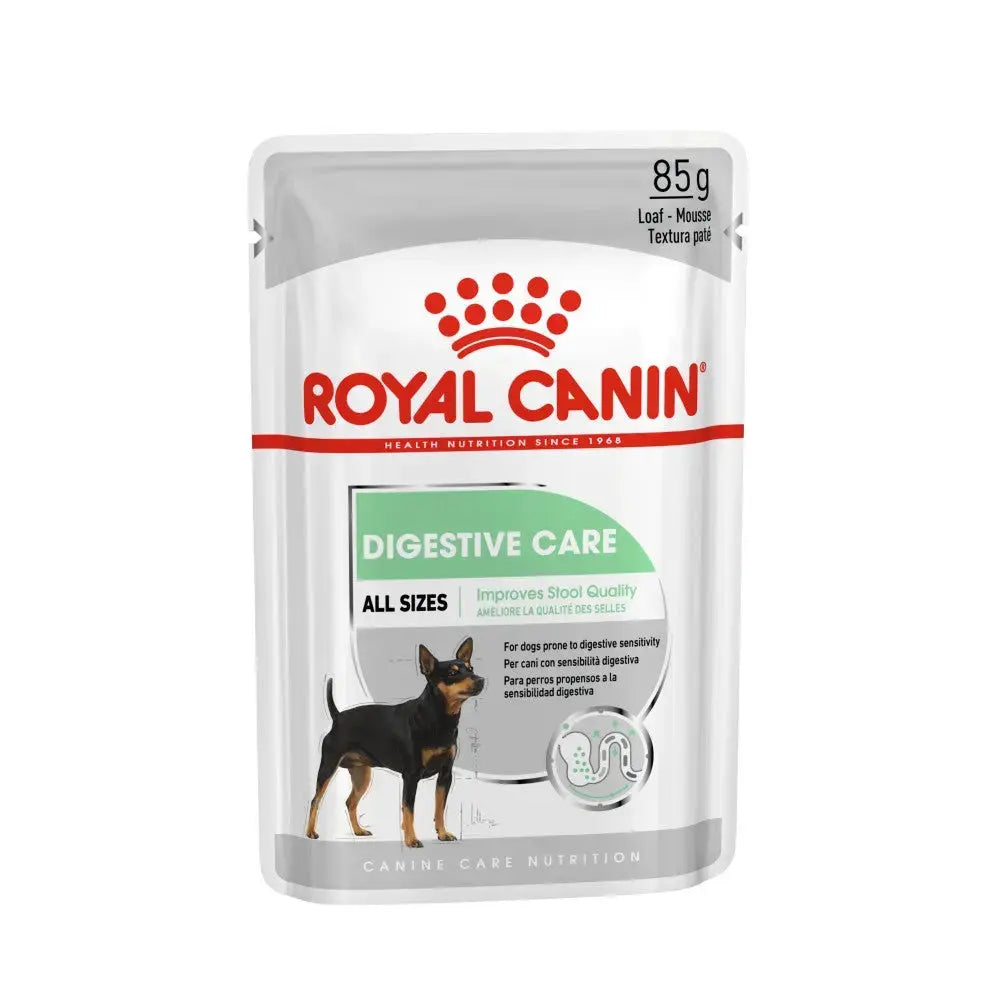 Royal Canin Digestive Care dog food pouch for all sizes, promoting improved stool quality and digestive health.