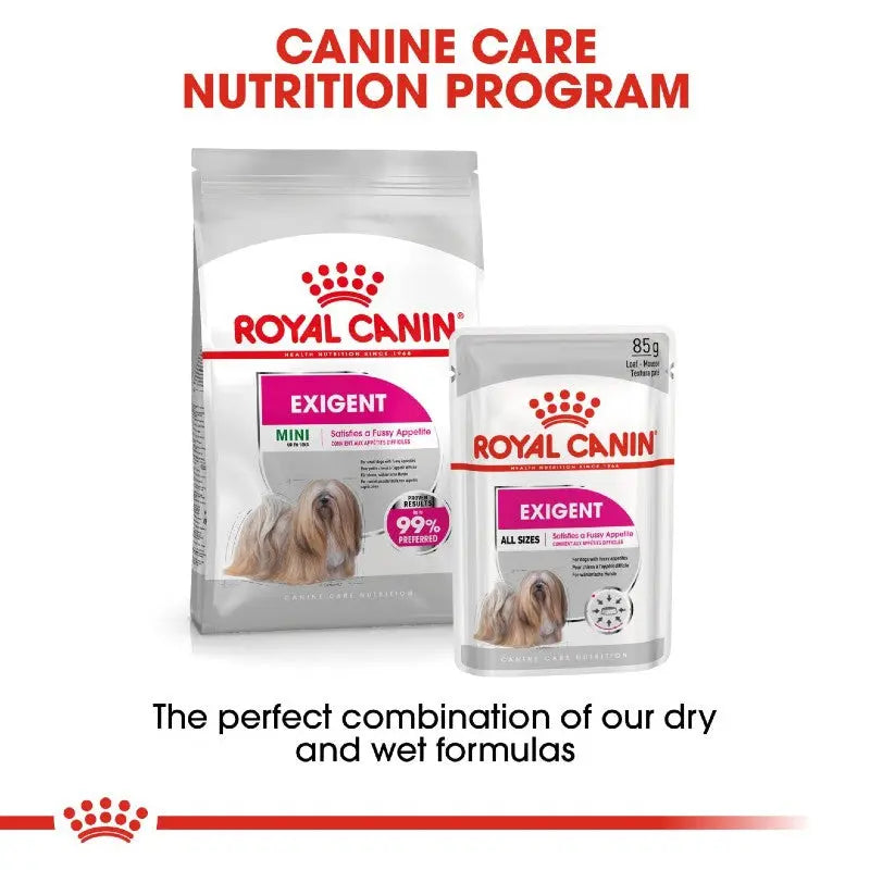 Royal Canin Exigent dog food packaging showcasing dry and wet formulas for optimal canine nutrition.