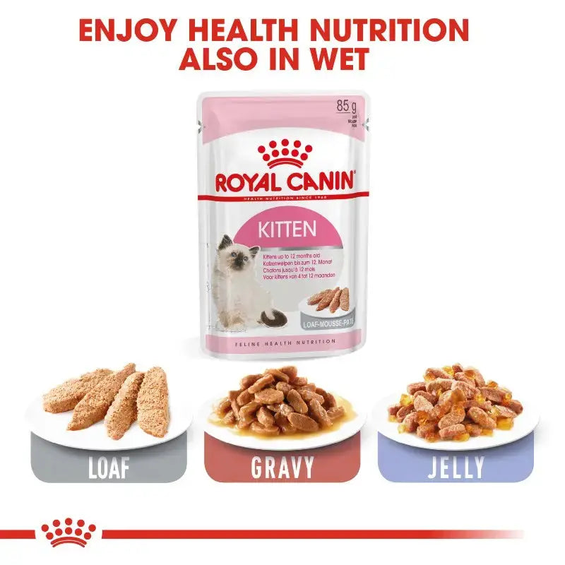 Royal Canin kitten wet food in loaf, gravy, and jelly for optimal health nutrition.