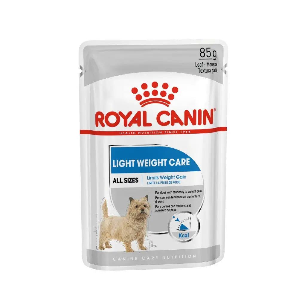 Royal Canin Light Weight Care dog food pouch for weight management in all sizes, 85g packaging.