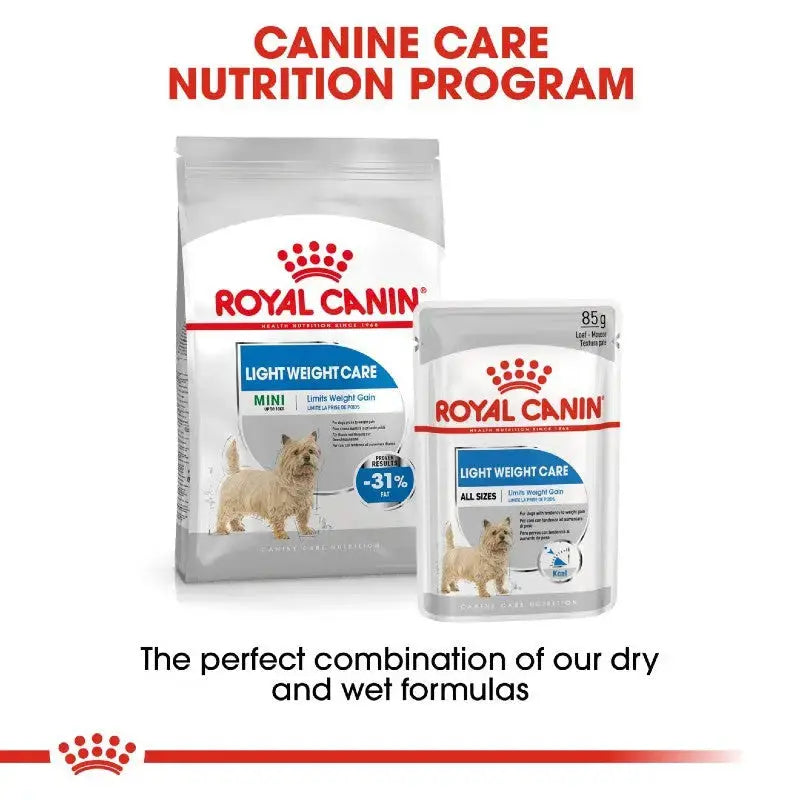 Royal Canin Light Weight Care dog food packaging for balanced nutrition in dry and wet formulas.