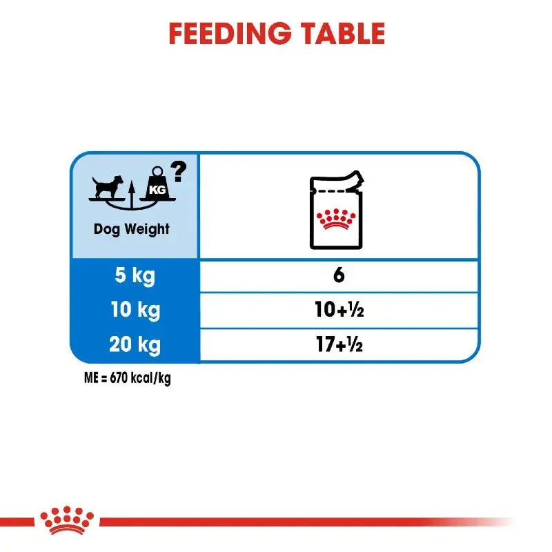 Feeding table infographic for dog weight and recommended food portions.