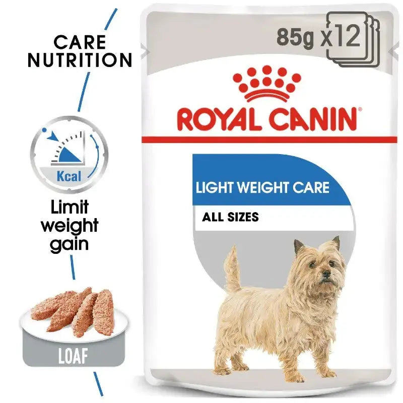 Royal Canin Light Weight Care dog food packaging with feeding guide and nutritional information.