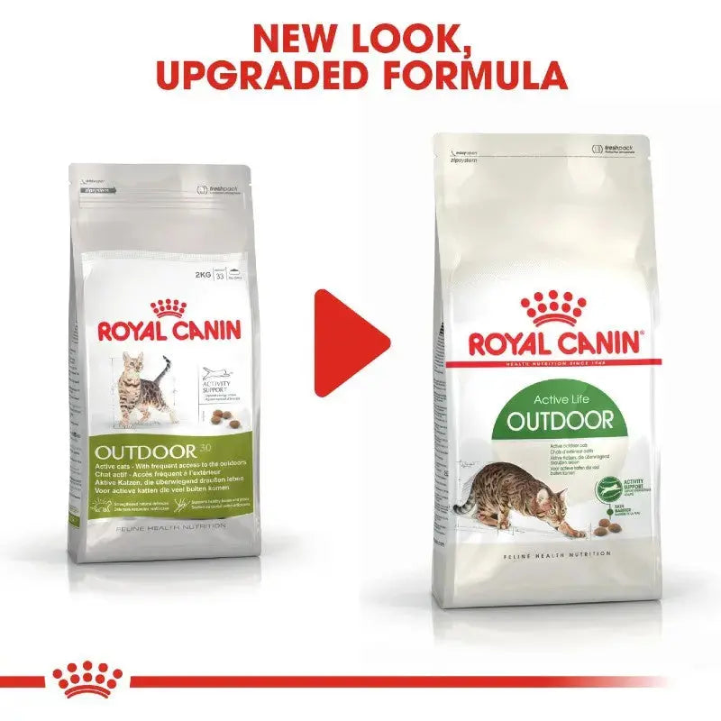 Royal Canin Outdoor cat food packaging showcasing new design and upgraded formula for active cats.