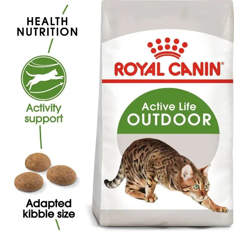 Royal Canin Active Life Outdoor cat food bag with adapted kibble size for health and nutrition support.
