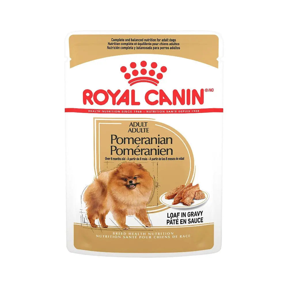 Royal Canin Pomeranian adult dog food in gravy, featuring a nutritious loaf for healthy feeding.