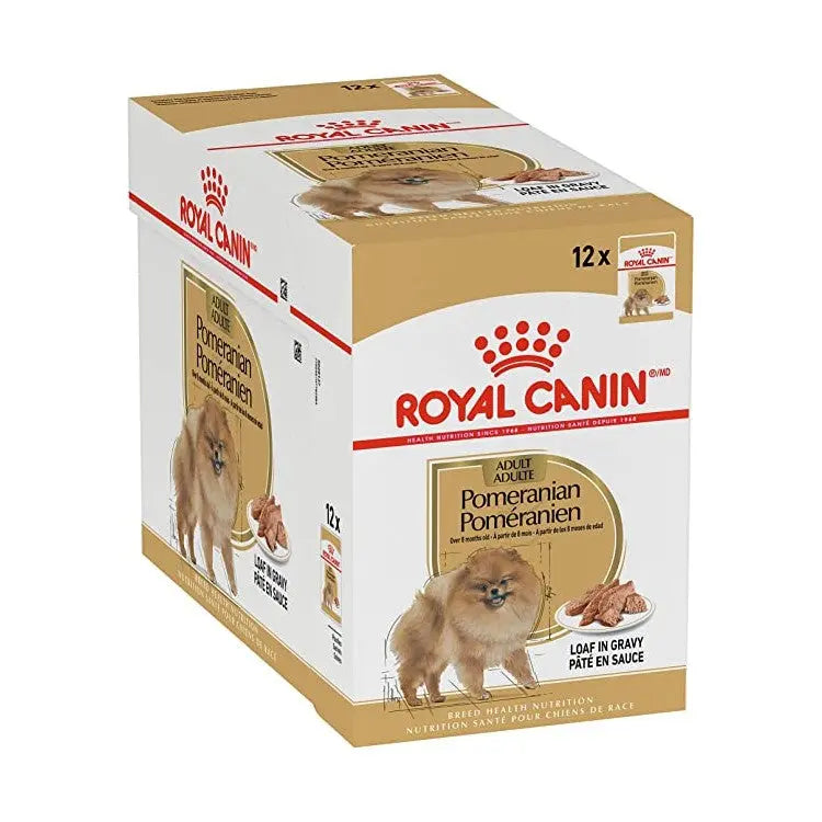 Royal Canin Pomeranian dog food box, featuring 12 cans of loaf in gravy for adult dogs.