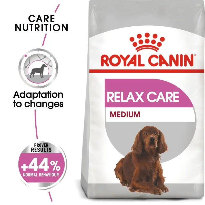 Royal Canin Relax Care Medium dog food bag, designed for stress relief and improved behavior in pets.