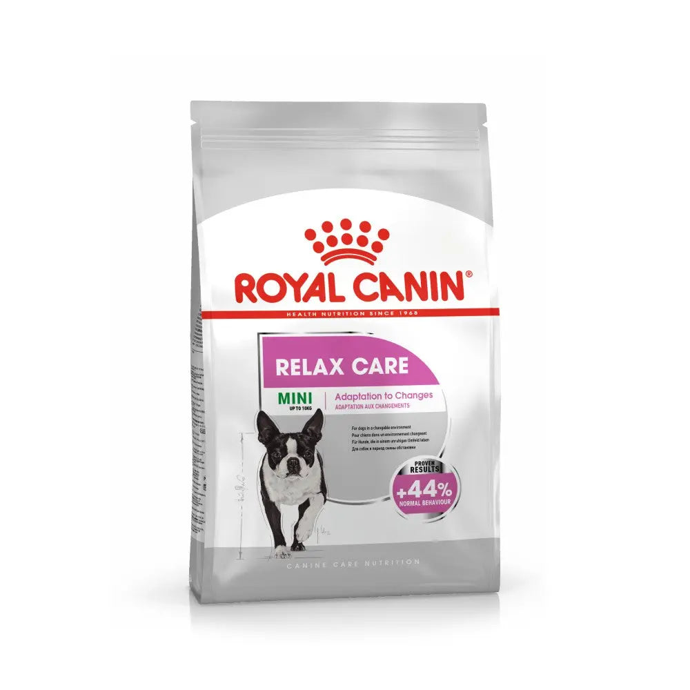 Royal Canin Mini Relax Care dog food bag for stress relief and adaptation to changes in small breeds.