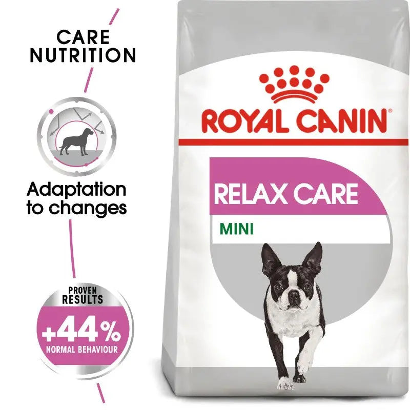 Royal Canin Relax Care Mini dog food bag designed for stress relief and nutritional support.