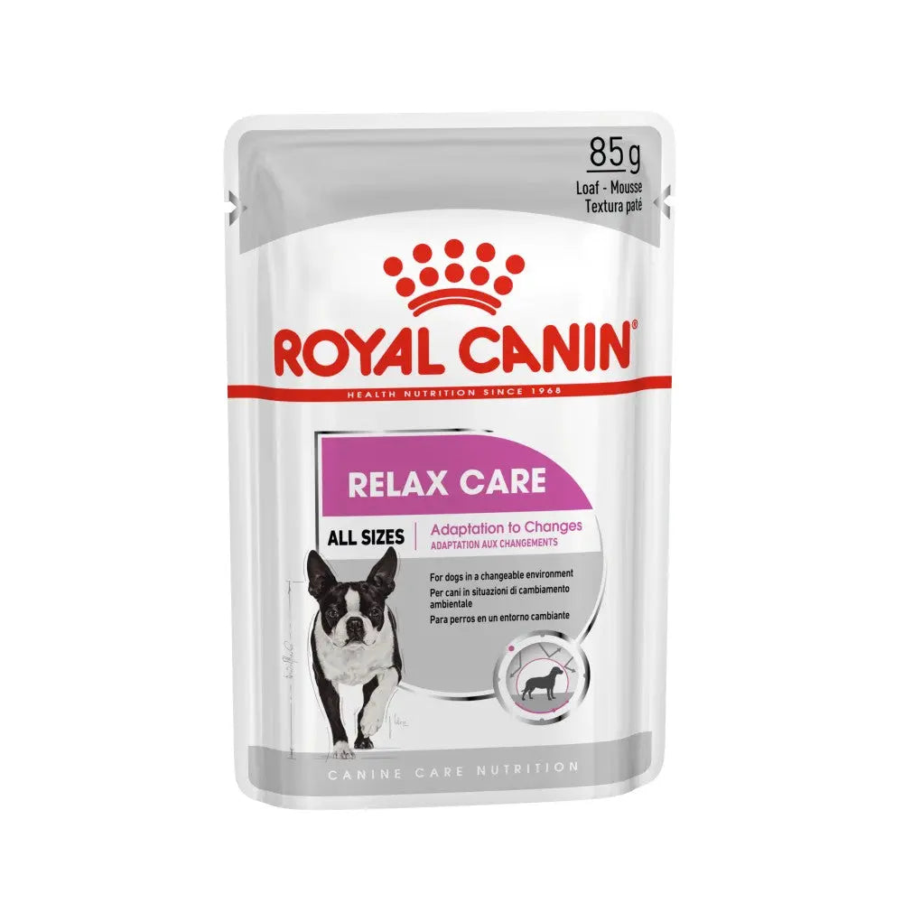 Royal Canin Relax Care dog food pouch for all sizes, designed to support adaptation to changes.