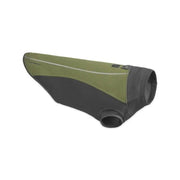 Dog jacket in olive green and black, designed for warmth and comfort during outdoor activities.