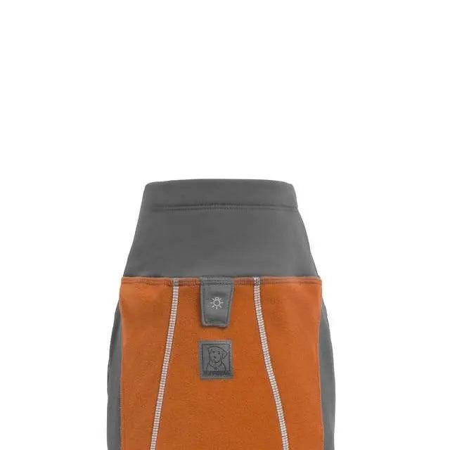 Dog jacket in orange and gray, designed for warmth and comfort during outdoor activities.