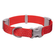 Red dog collar with heart pattern and secure buckle for stylish pet accessories.