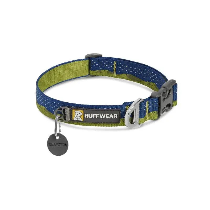 Durable dog collar in blue and green with adjustable fit and secure buckle for outdoor adventures.